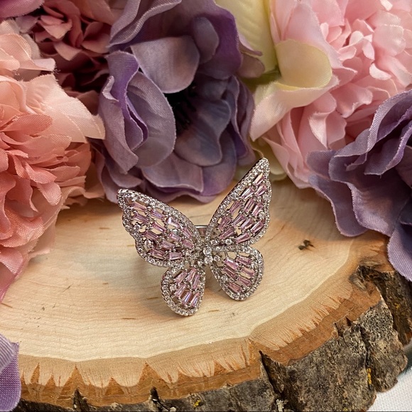 Sparkly Pink and Silver Crystal Butterfly Ring - Picture 3 of 13